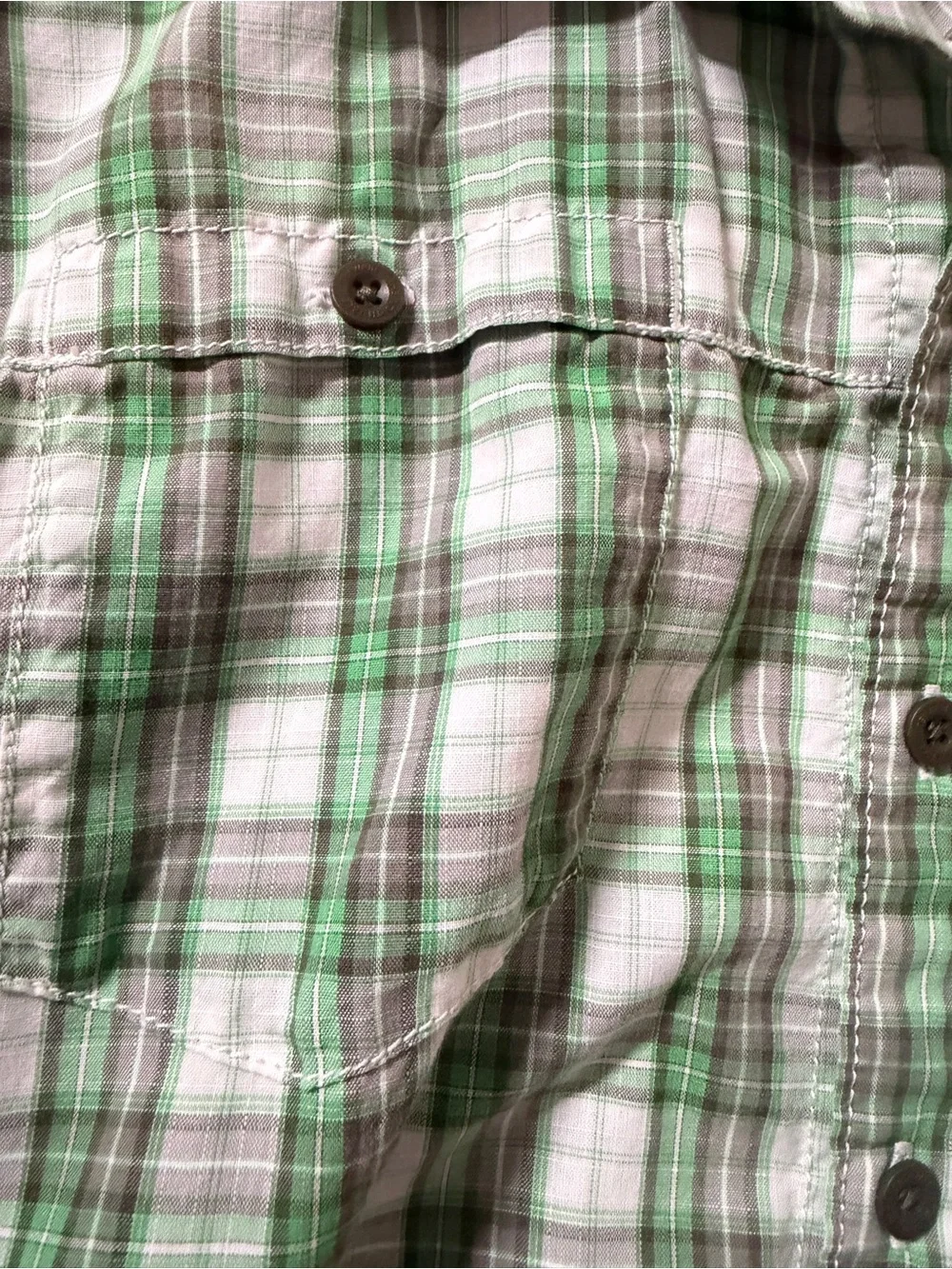 The North Face Green and White Plaid Short-Sleeve Button-Up Shirt